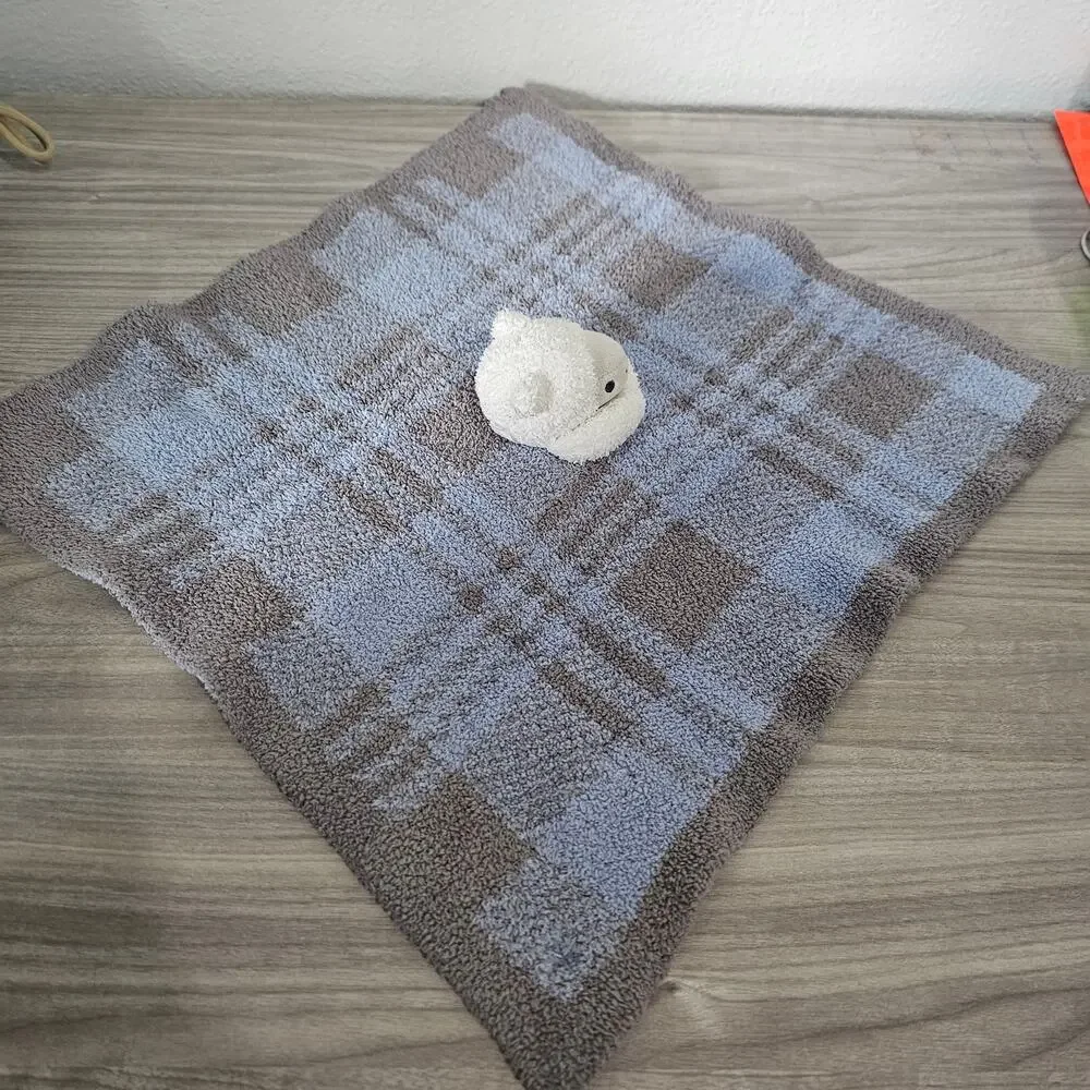 Barefoot Dreams White Sheep Lamb Blue Gray Blanket Plaid Cozychic Security Lovey